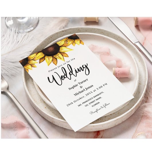 ひまわり結婚の白い黄色のフローラ招待状 案内状