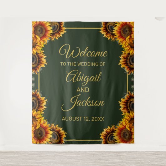 ひまわり結婚の緑と金ゴールドの結婚背景 タペストリー (正面)