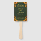 ひまわり結婚の緑と金ゴールド結婚式 プログラム ハンドファン (正面)