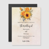 ひまわり結婚の緑の素朴な黄色のラグジュアリー マグネット招待状 (正面/裏面)