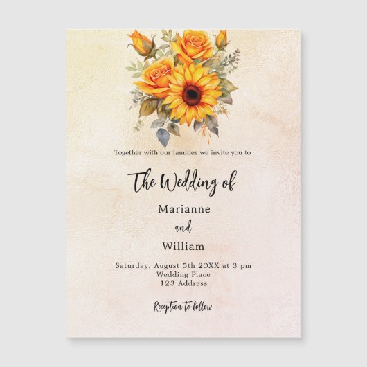 ひまわり結婚の緑の素朴な黄色のラグジュアリー マグネット招待状 (正面)