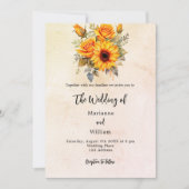 ひまわり結婚の緑の素朴な黄色 招待状 (正面)