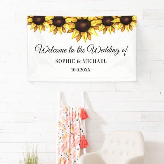 ひまわり結婚フローラホワイトイエローシンプル 横断幕 (インサイチュ)