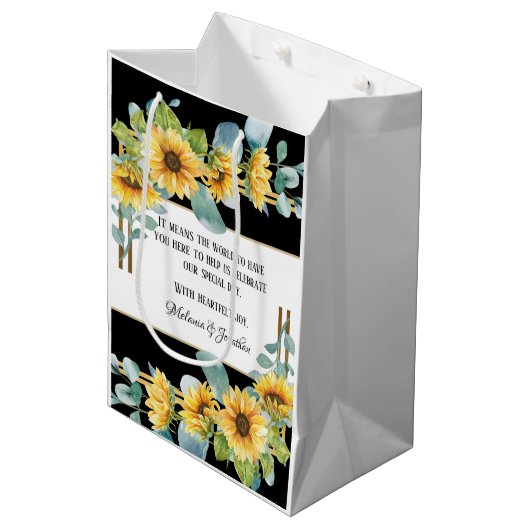 ひまわり結婚式の引き出物またはウェルカム抱き枕/ブラック ミディアムペーパーバッグ (正面アングル)