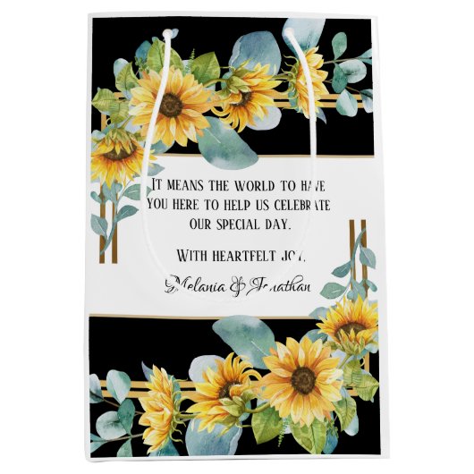 ひまわり結婚式の引き出物またはウェルカム抱き枕/ブラック ミディアムペーパーバッグ (正面)