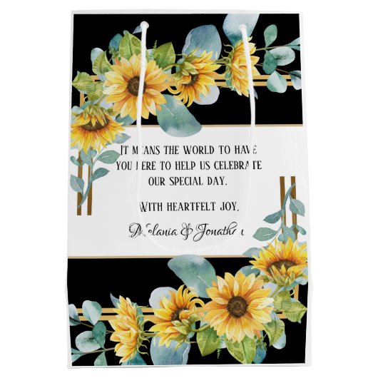 ひまわり結婚式の引き出物またはウェルカム抱き枕/ブラック ミディアムペーパーバッグ (裏面)