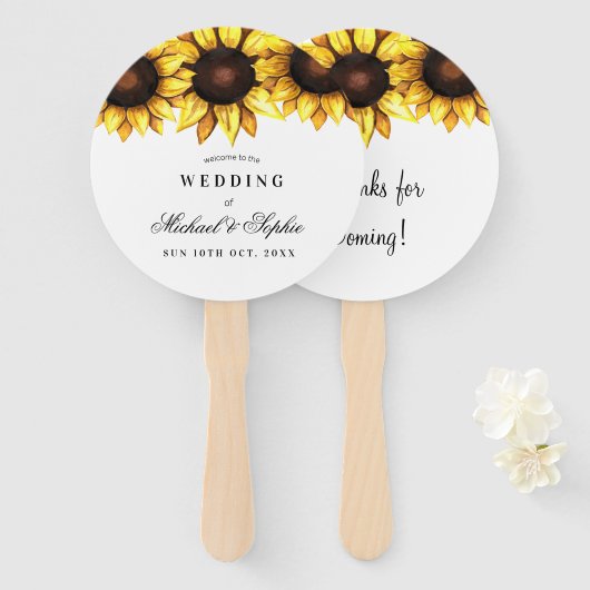 ひまわり結婚式の引き出物ホワイトイエローフローラファン ハンドファン (正面&裏面)