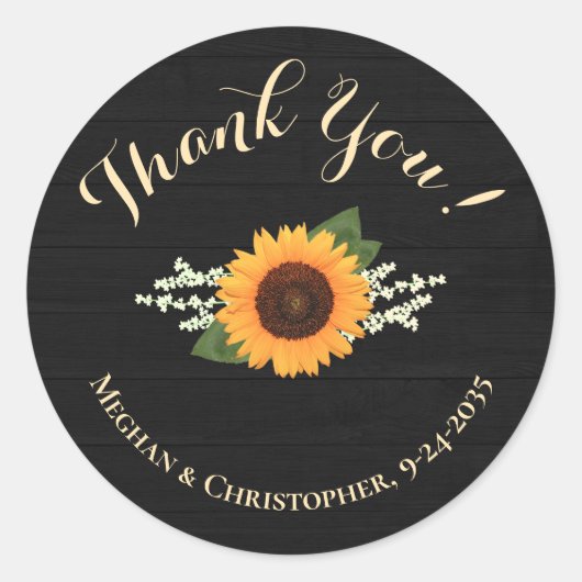 ひまわり結婚式の引き出物白黒ウッドサンキュー ラウンドシール (正面)