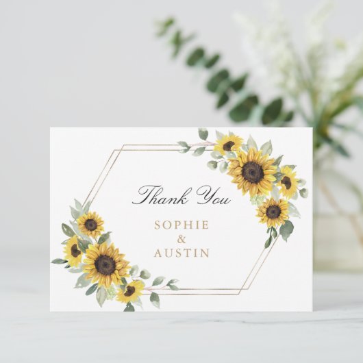 ひまわり緑の幾何学模様結婚金ゴールド サンキューカード (スタンド正面)