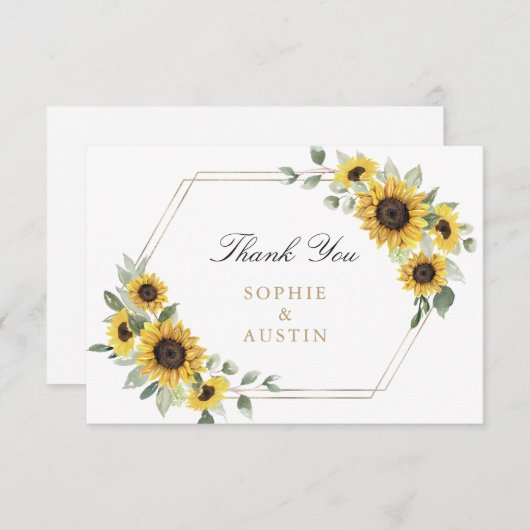 ひまわり緑の幾何学模様結婚金ゴールド サンキューカード (正面/裏面)