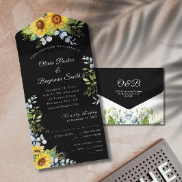 ひまわり緑の葉の白黒結婚ズ オールインワン招待状