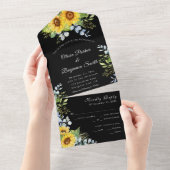 ひまわり緑の葉の白黒結婚ズ オールインワン招待状 (貼ってはがせる)