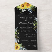 ひまわり緑の葉の白黒結婚ズ オールインワン招待状 (内側)