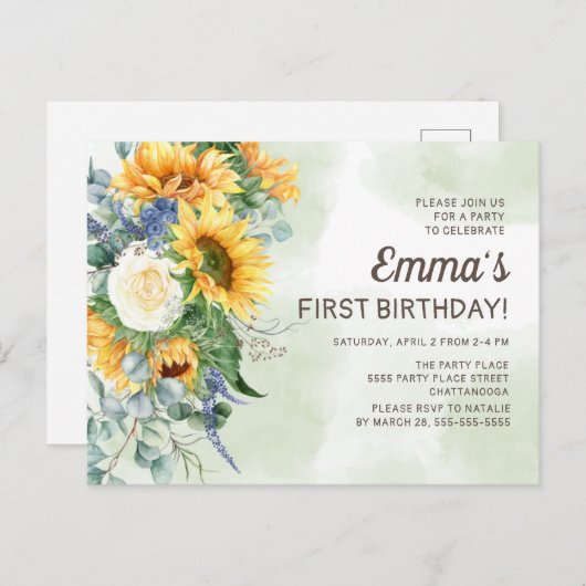 ひまわり緑小さな女の子1st誕生日 ポストカード (正面/裏面)