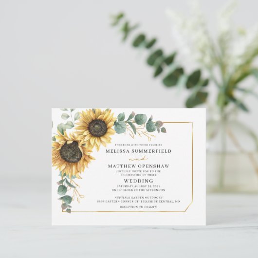 ひまわり緑結婚幾何学模様 インビテーションポストカード (スタンド正面)