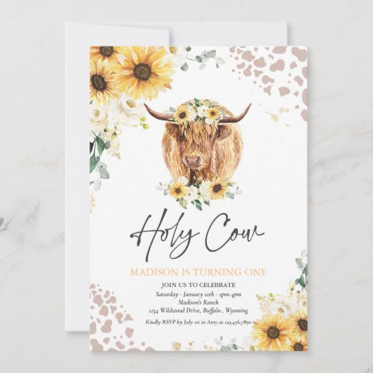 ひまわり聖い牛I'mワンハイランドカウー誕生日 招待状 (正面)
