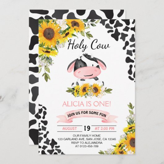 ひまわり聖牛プリントファースト誕生日 招待状 (正面/裏面)