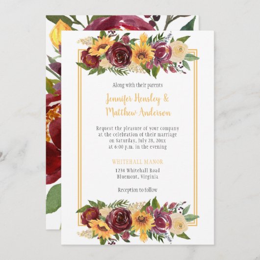 ひまわり花とバーガンディフローラドロップ金ゴールドフレーム 招待状 (正面/裏面)