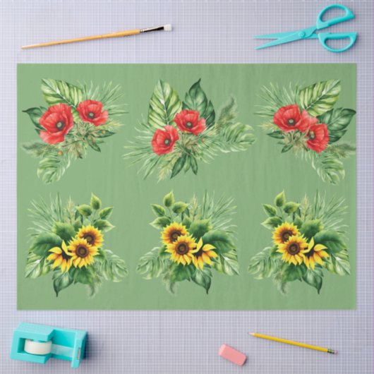 ひまわり花と赤いケシの要素のデコページ 薄葉紙 (クラフト)