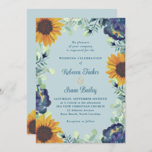 ひまわり花と青い花緑のフローラ結婚 招待状 (正面/裏面)