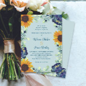 ひまわり花と青い花緑のフローラ結婚 招待状