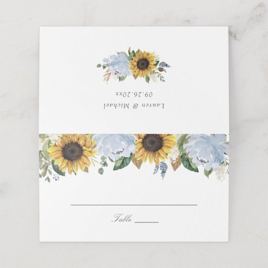 ひまわり花ほこりっぽい青い花エレガントな結婚式 プレイスカード (外部開封)