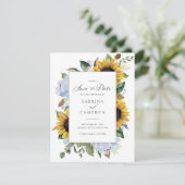 ひまわり花ほこりっぽい青い花エレガントな結婚式 招待状 (スタンド正面)