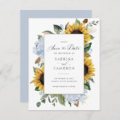 ひまわり花ほこりっぽい青い花エレガントな結婚式 招待状 (正面/裏面)