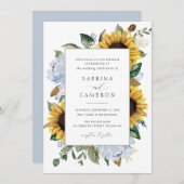 ひまわり花ほこりっぽい青い花エレガントな結婚式 招待状 (正面/裏面)