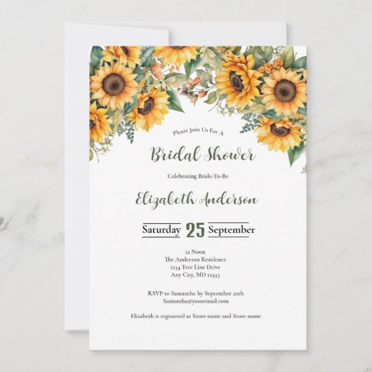 ひまわり花ウォーターカラー花模様ブライダルシャワー 招待状 (正面)