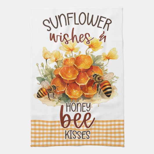 ひまわり花ギンガムハチミツバチ キッチンタオル (縦)