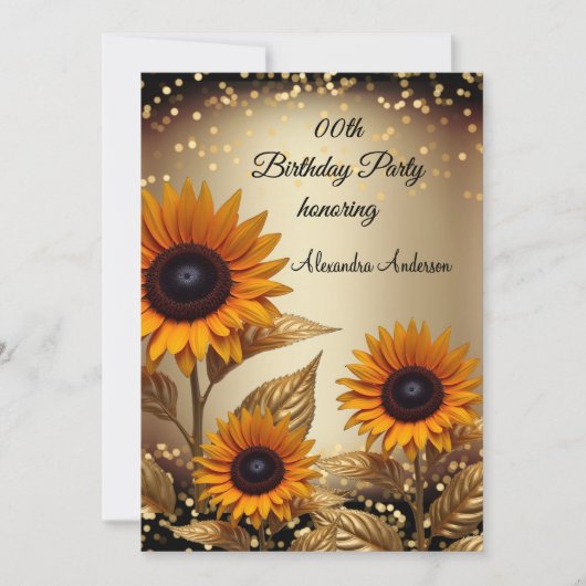 ひまわり花グリッターブロンズ金ゴールドブラック誕生日 招待状 (正面)