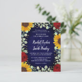 ひまわり花バラ金ゴールドドットブルー結婚式招待状 (スタンド正面)