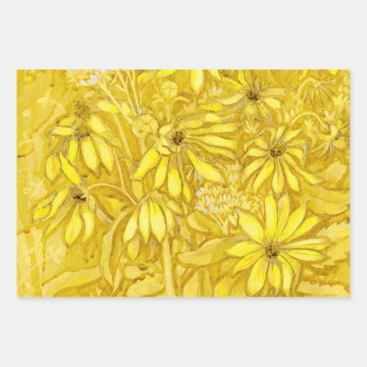 ひまわり花フローラアートグリーンイエローバイオレット ラッピングペーパーシート (正面3)