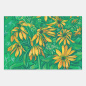 ひまわり花フローラアートグリーンイエローバイオレット ラッピングペーパーシート (正面)