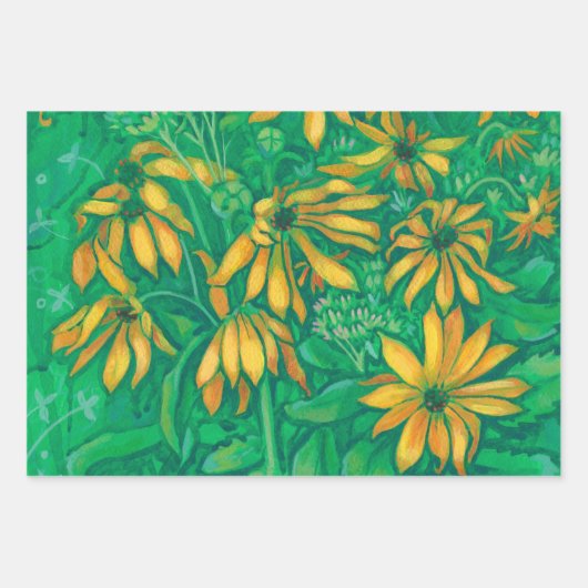 ひまわり花フローラアートグリーンイエローバイオレット ラッピングペーパーシート (正面)