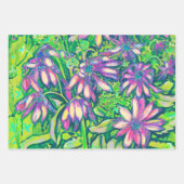 ひまわり花フローラアートグリーンイエローパープル ラッピングペーパーシート (正面3)