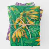 ひまわり花フローラアートグリーンイエローパープル ラッピングペーパーシート (インサイチュ)