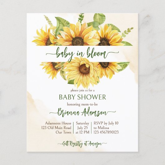 ひまわり花ベビー開花ベビーシャワー予算招待状 (正面)