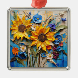 ひまわり花ワイルドフラワーミックスメディアデザイン メタルオーナメント
