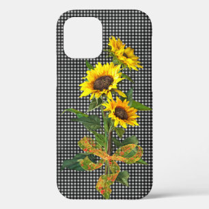 ひまわり花束オンブラックギンガム iPhone 12ケース