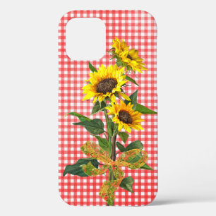 ひまわり花束オン赤いギンガムケースメイトiPhone iPhone 12ケース