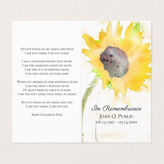 ひまわり花瓶水彩葬儀記念祈りの言葉 名刺 (外部フラット)