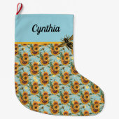 ひまわり花蜂とハニカムターコイズと金ゴールド ラージクリスマスストッキング (正面)
