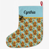 ひまわり花蜂とハニカムターコイズと金ゴールド ラージクリスマスストッキング (裏面)