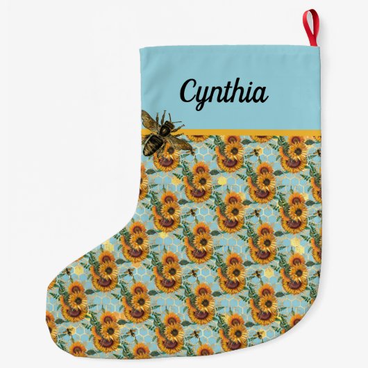 ひまわり花蜂とハニカムターコイズと金ゴールド ラージクリスマスストッキング (裏面)