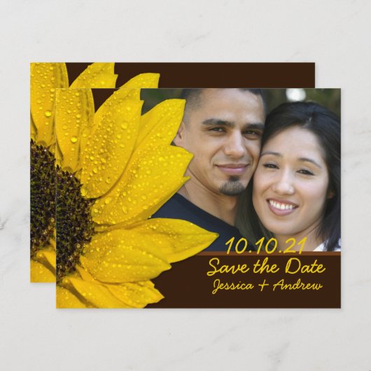 ひまわり茶色のフォトウェディング日付カードを保存 セーブザデート (正面/裏面)
