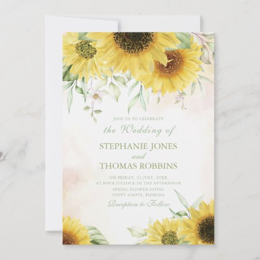 ひまわり草地カップル写真結婚式招待状 招待状 (正面)