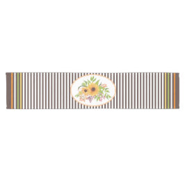 ひまわり葉の花、秋の果実とストライプ ショートテーブルランナー