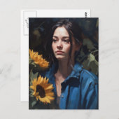 ひまわり葉書付き女性 ポストカード (正面/裏面)
